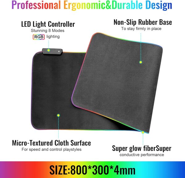 SKY-TOUCH Gaming Mouse Pad, Extra Large Soft Led Extended Mouse pad, anti-slip Rubber Base Computer Keyboard Mat, Black, GRB mouse - Image 3